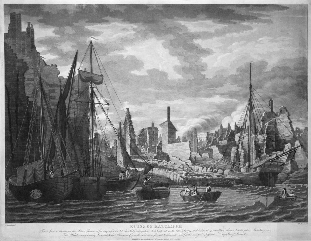 Illustration of aftermath of explosion in London, 1794, from saltpeter.