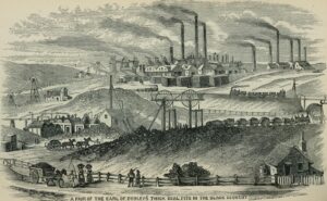 Illustration of early industrial Birmingham, England, where many weapons were made.