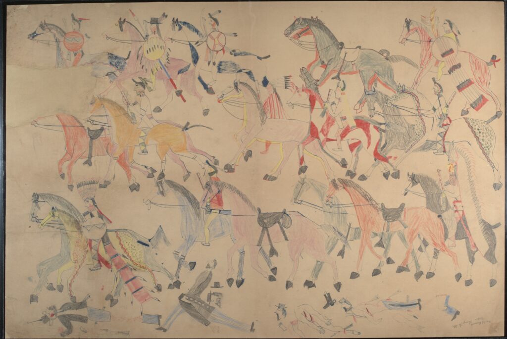 General Custer's "last stand" was known by Indians as the "Battle of Greasy Grass." This image produced by Red Horse in 1881, depicts that epochal event.