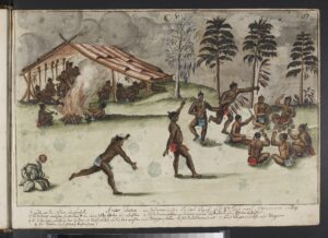 Guns became vitally important to American Indian societies. This painting from the eighteenth century shows guns hanging from a Chickasaw building.