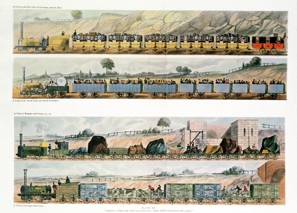 An illustration of the first train connecting Liverpool to Manchester. Trains utterly transformed the world, including its sonic spaces.