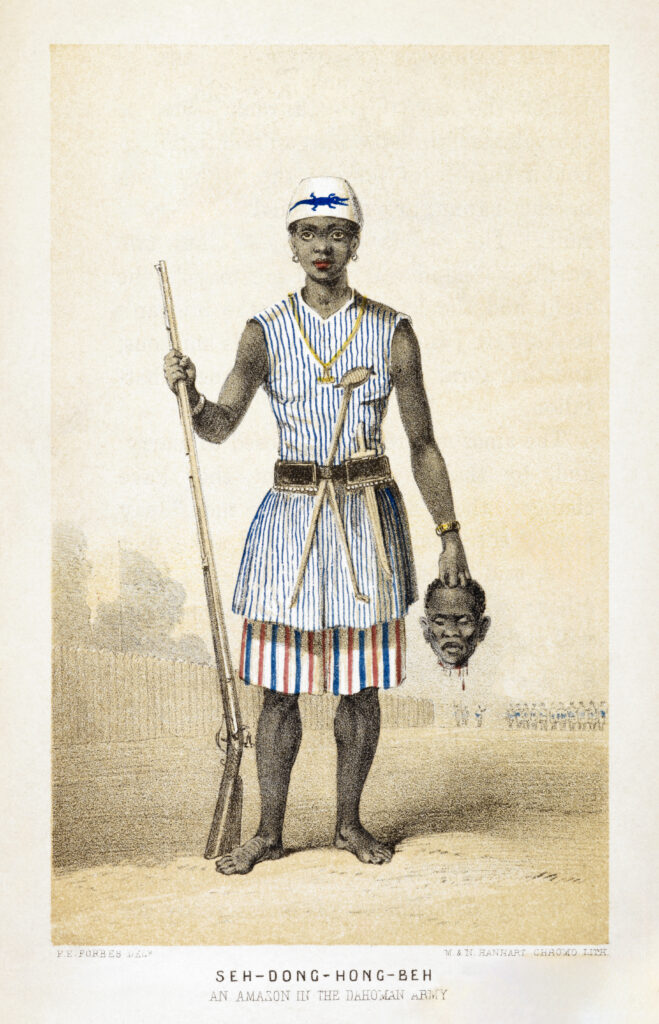 Illustration of the famous "Amazons", female warriors from the Kingdom of Dahomey. The warrior is armed with a musket.