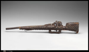 This Chokwe gun pipe from the twentieth century demonstrates the material and symbolic importance of weapons to this West-Central African people.