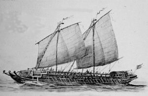 An illustration of a Southeast Asian trading ship demonstrates how Western arms were incorporated into indigenous trading networks.