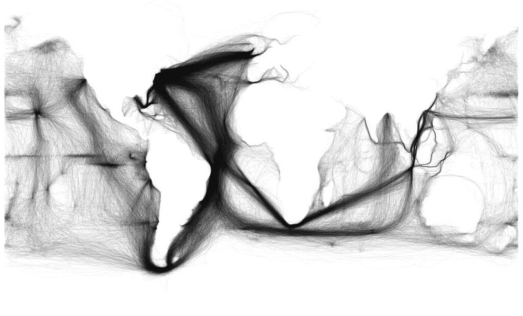 This map depicts British shipping. Note, especially, the predominance of the Atlantic, which became absolutely central to the British industrial economy.