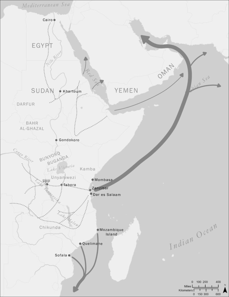 Our knowledge of the East African slave trade is not nearly as well-developed as it is for the Atlantic. This map shows the movements of peoples into the Indian Ocean and from the interior to the coast and north to Egypt.